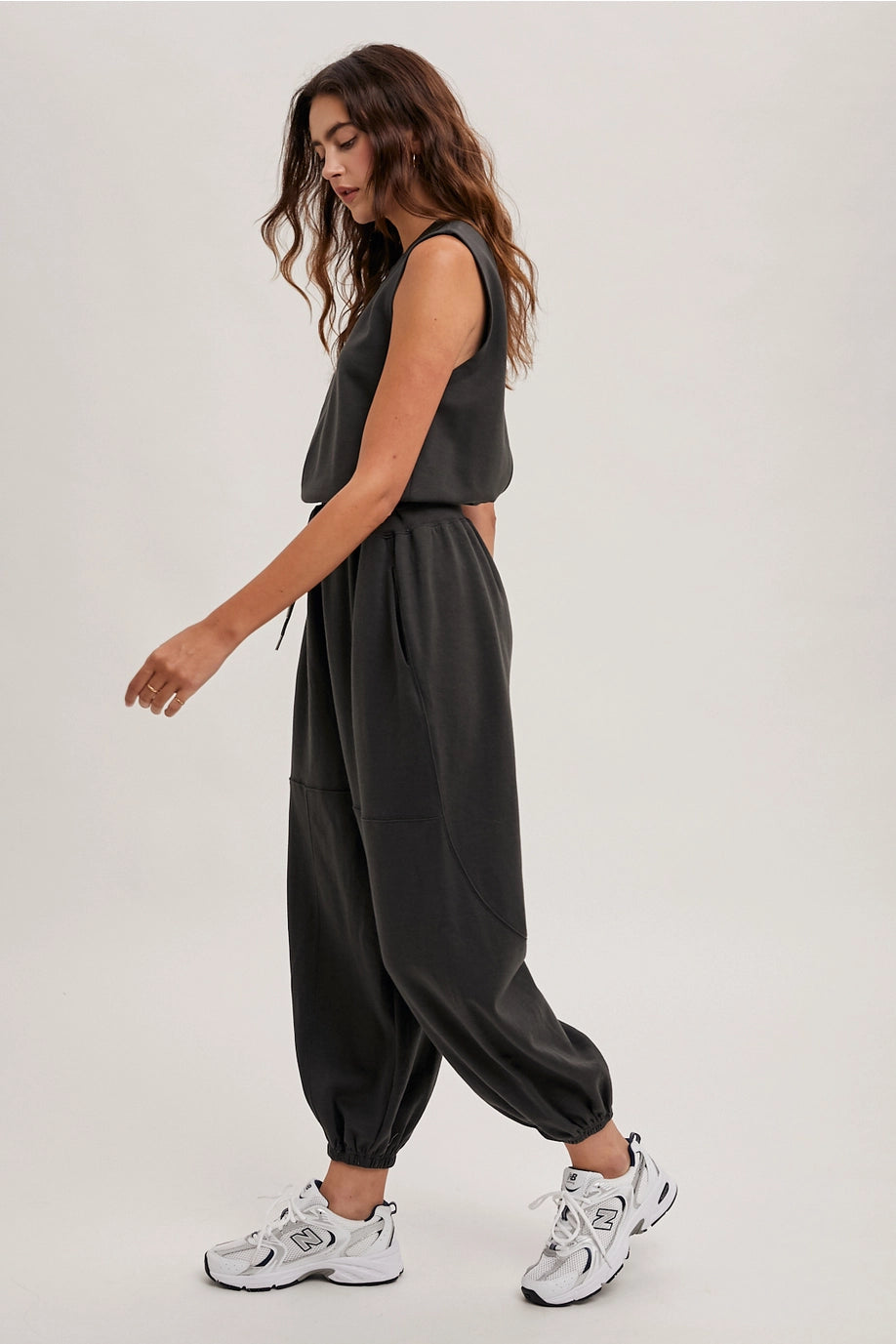 Drawstring Waist Sleeveless Active Jumpsuit-Ash