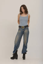 Olsen Scoop Neck Rib Tank-Smokey Blue