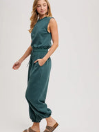 Drawstring Waist Sleeveless Knit Active Jumpsuit