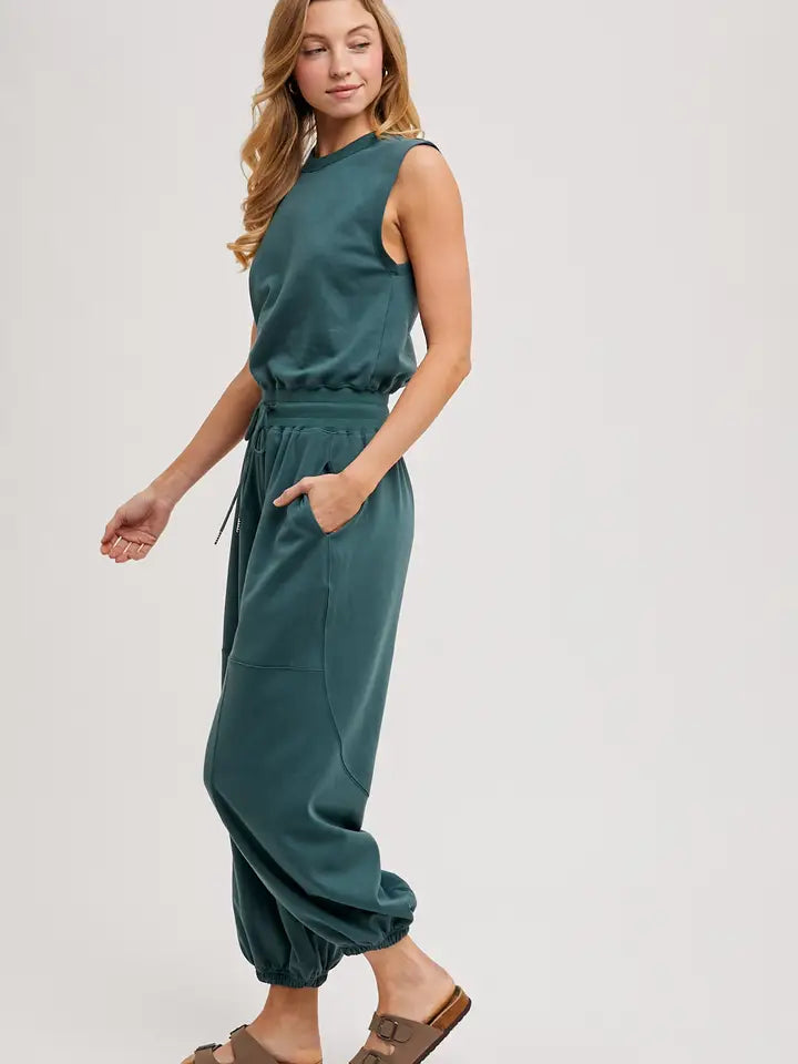 Drawstring Waist Sleeveless Knit Active Jumpsuit