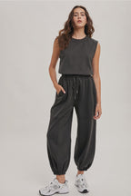 Drawstring Waist Sleeveless Active Jumpsuit-Ash