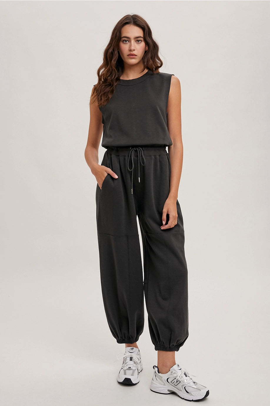 Drawstring Waist Sleeveless Active Jumpsuit-Ash