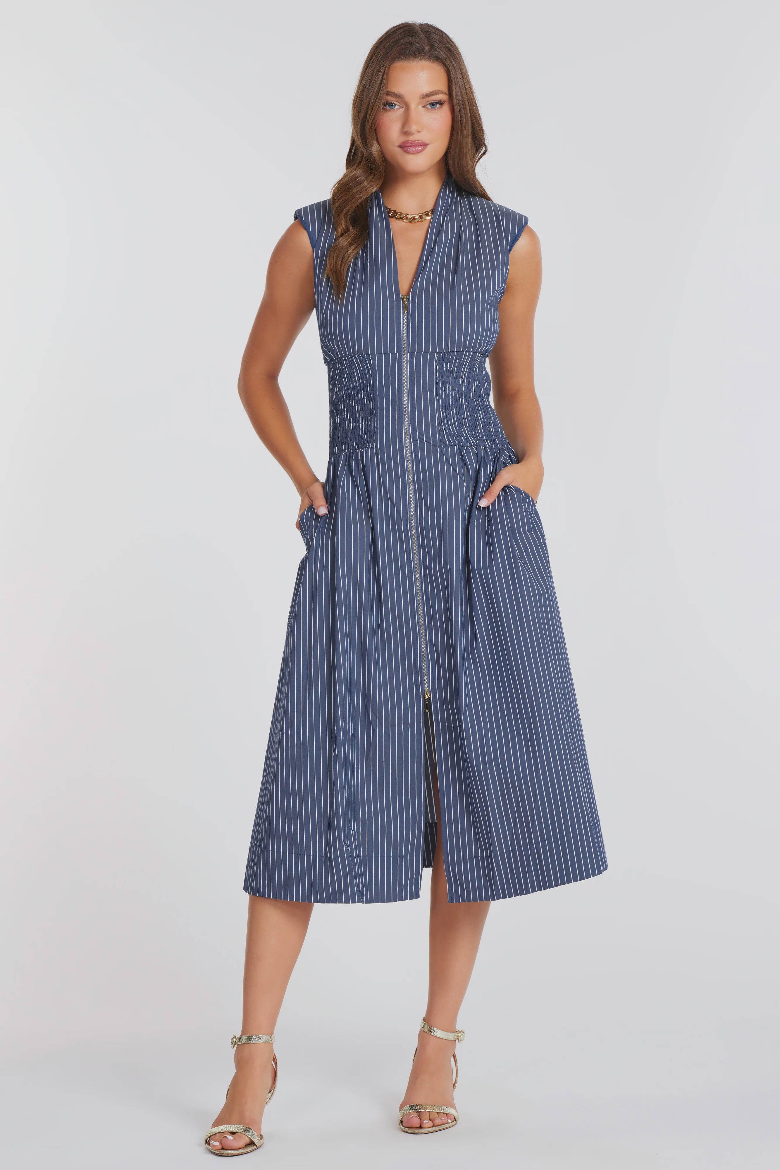 Skye Zip Front Dress-Indigo Stripe