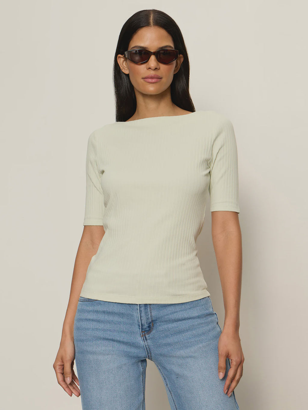 Boatneck Ribbed Top-Green Mist