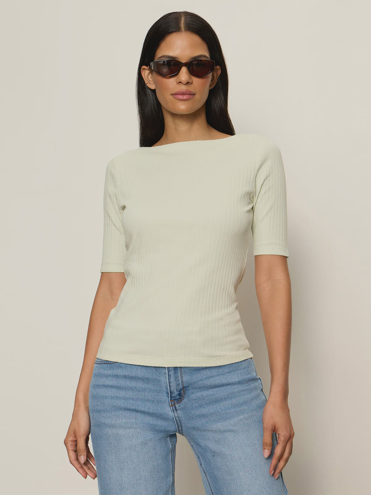 Boatneck Ribbed Top-Green Mist