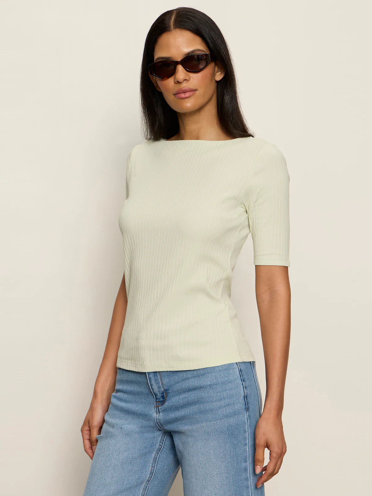 Boatneck Ribbed Top-Green Mist