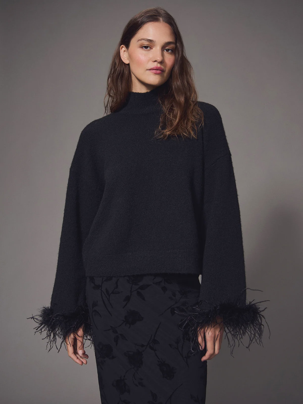Feather Trim Mock Neck Sweater