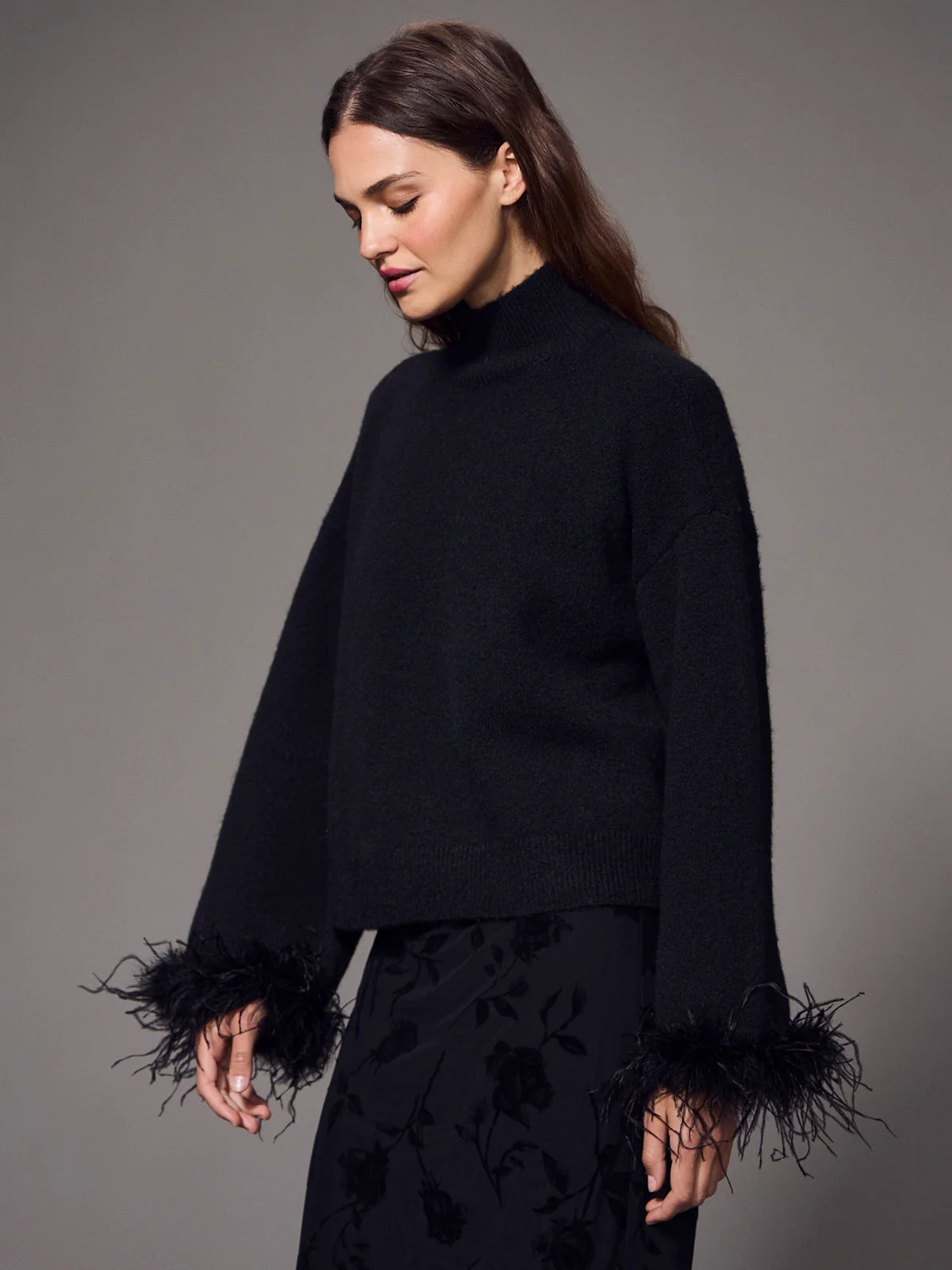 Feather Trim Mock Neck Sweater