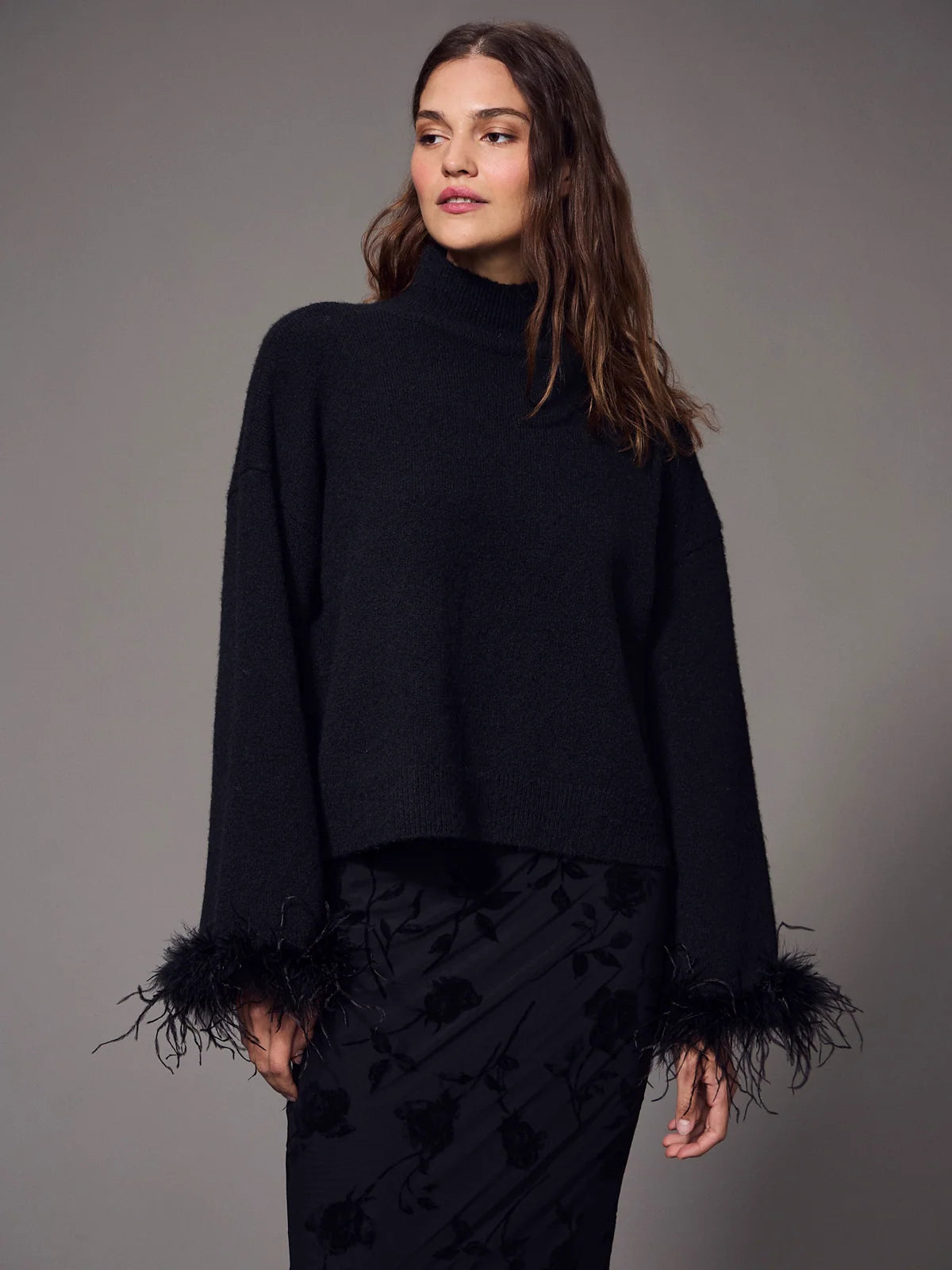Feather Trim Mock Neck Sweater