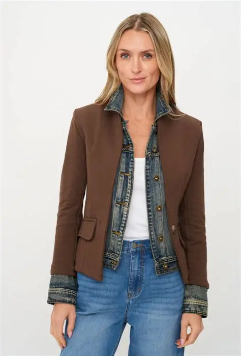 Clarissa Mixed Media Denim Jacket-Dark Brown