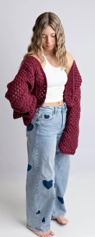Crochet Cropped Cardi in Wine