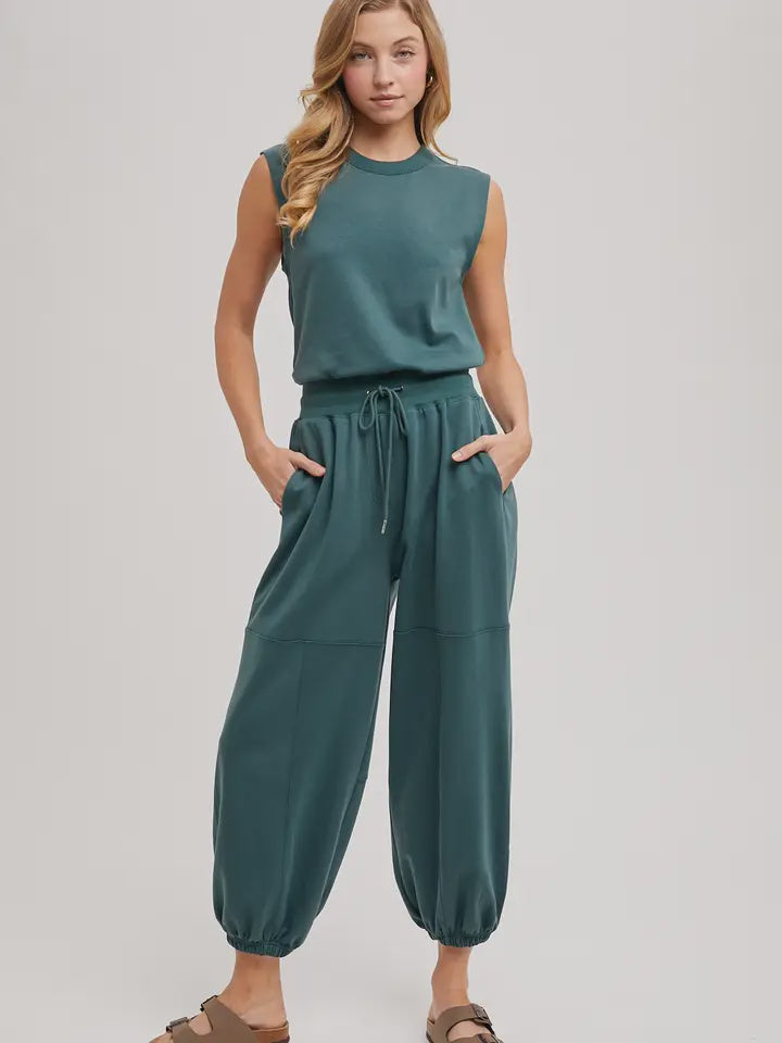 Drawstring Waist Sleeveless Knit Active Jumpsuit