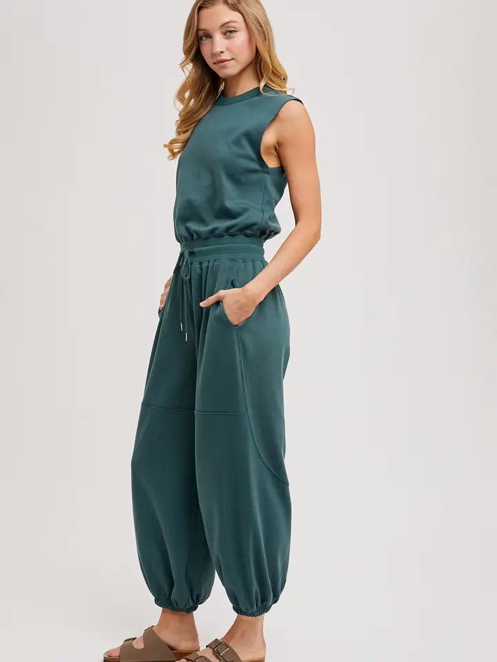 Drawstring Waist Sleeveless Knit Active Jumpsuit