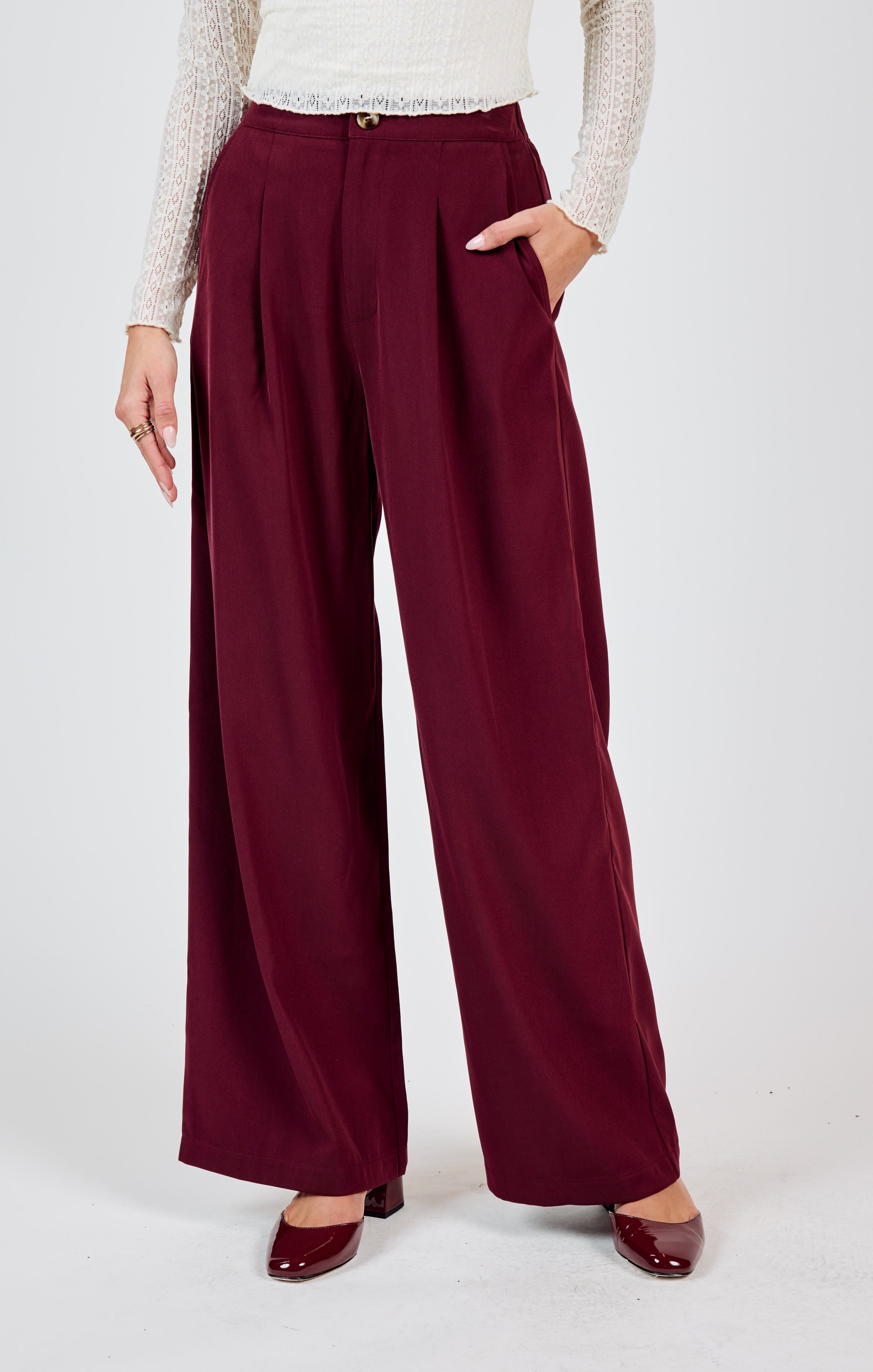 Silent Streets Wide Leg Pleated Pants Wine