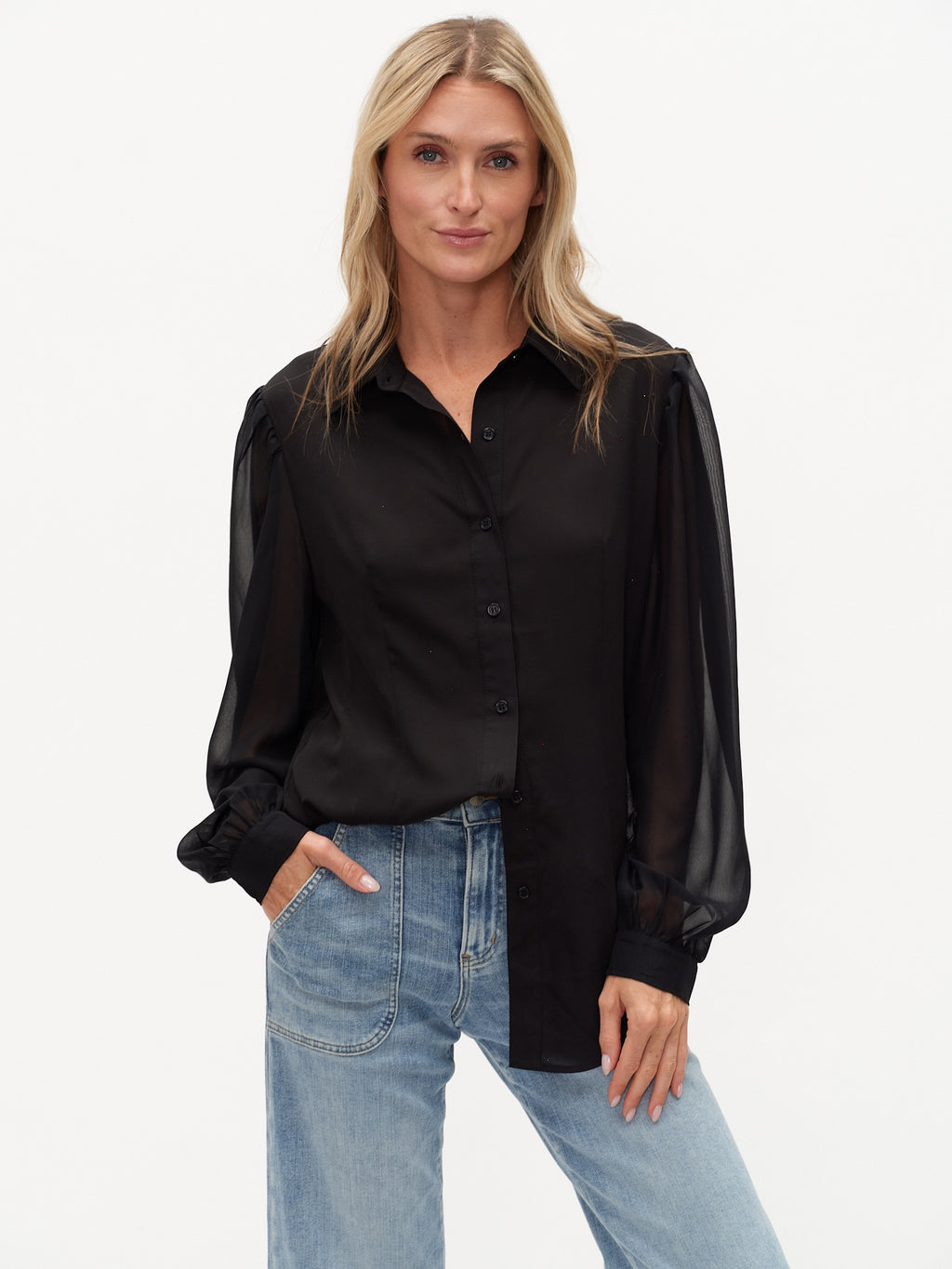 Mabel Long Sleeve Button Down-Black