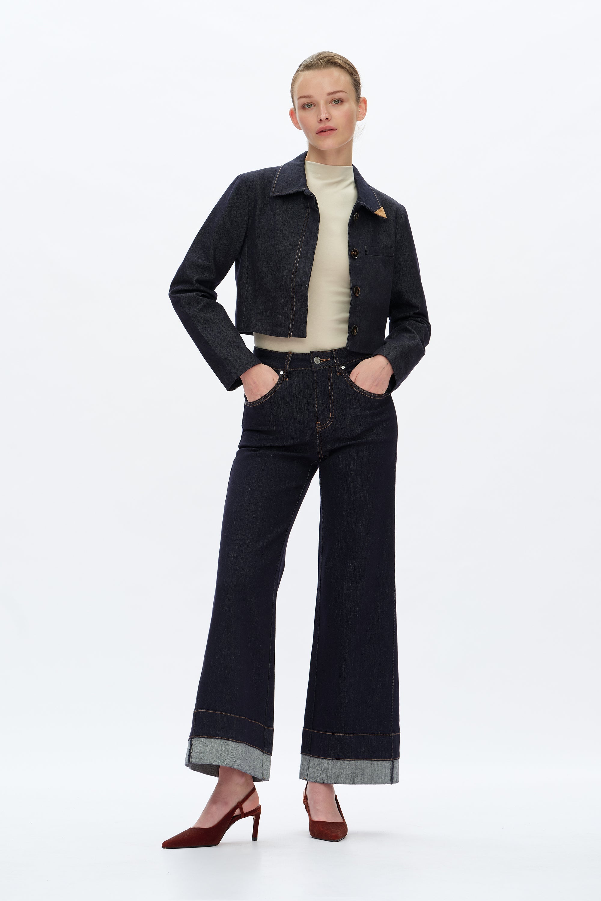 High Rise Wide Leg Rolled Denim Jeans