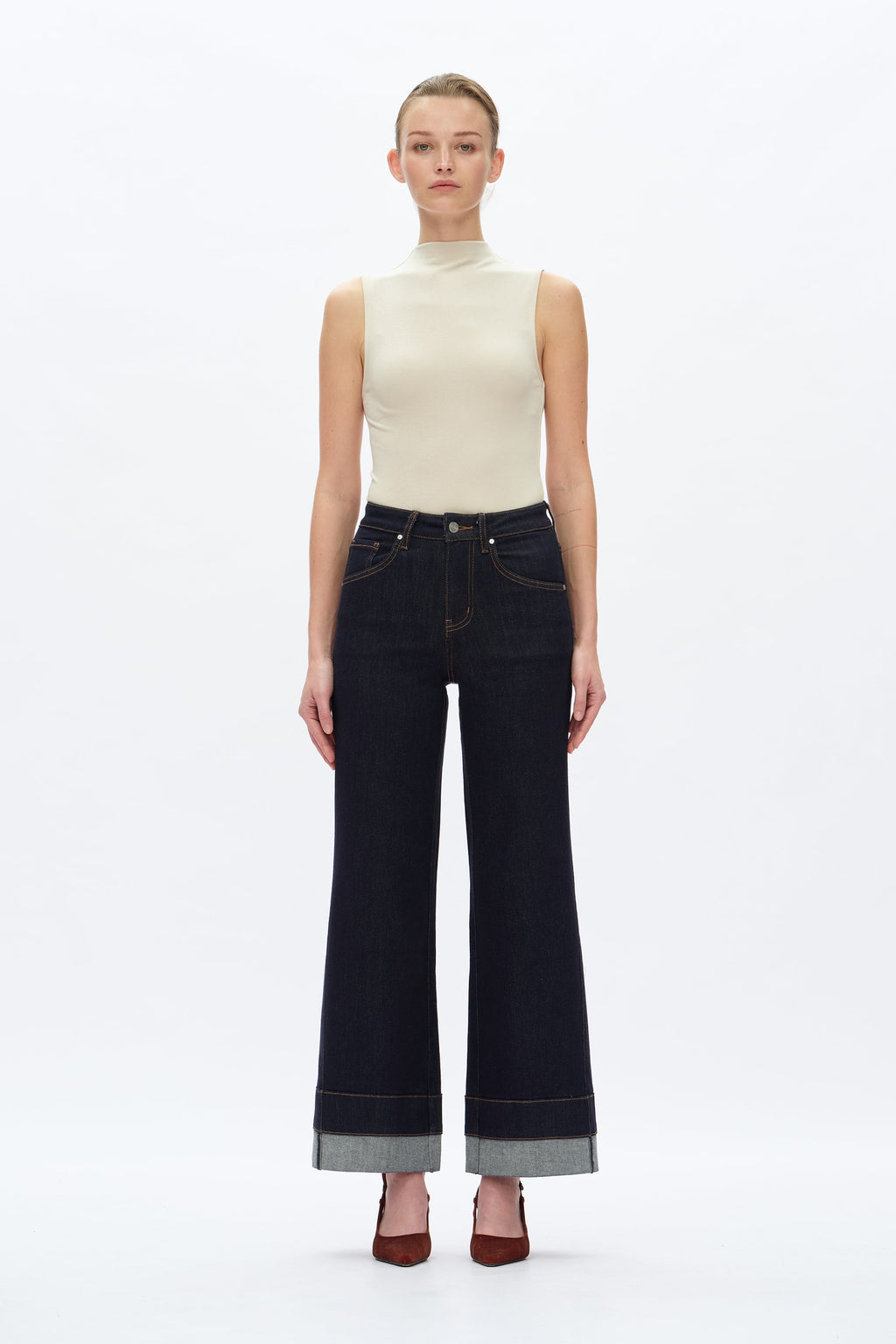 High Rise Wide Leg Rolled Denim Jeans
