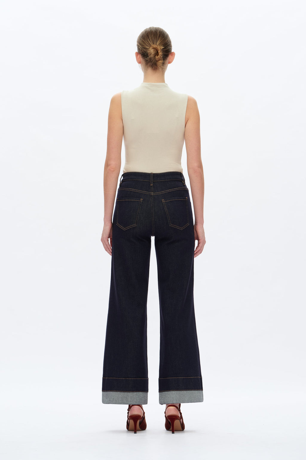 High Rise Wide Leg Rolled Denim Jeans