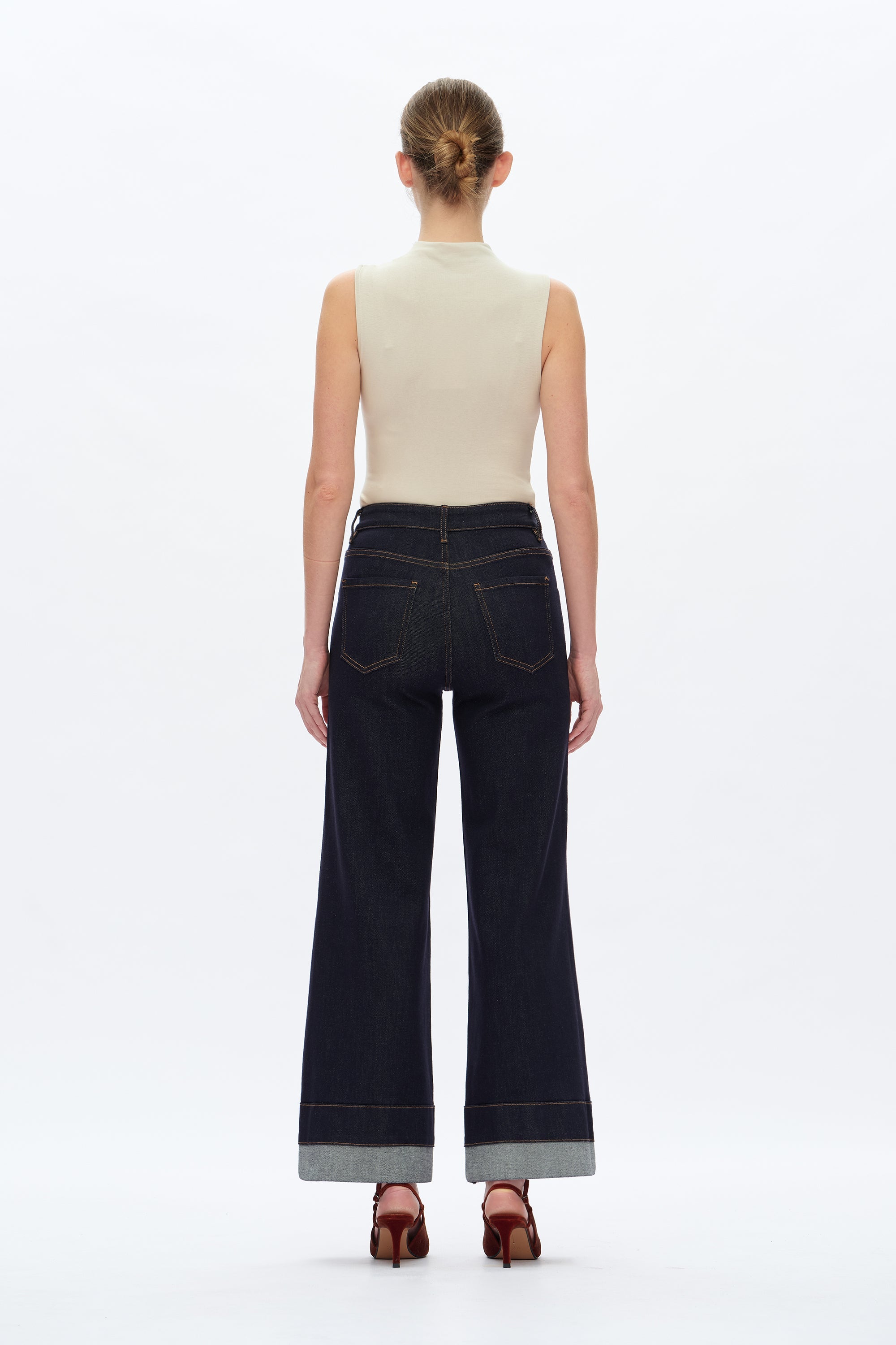 High Rise Wide Leg Rolled Denim Jeans