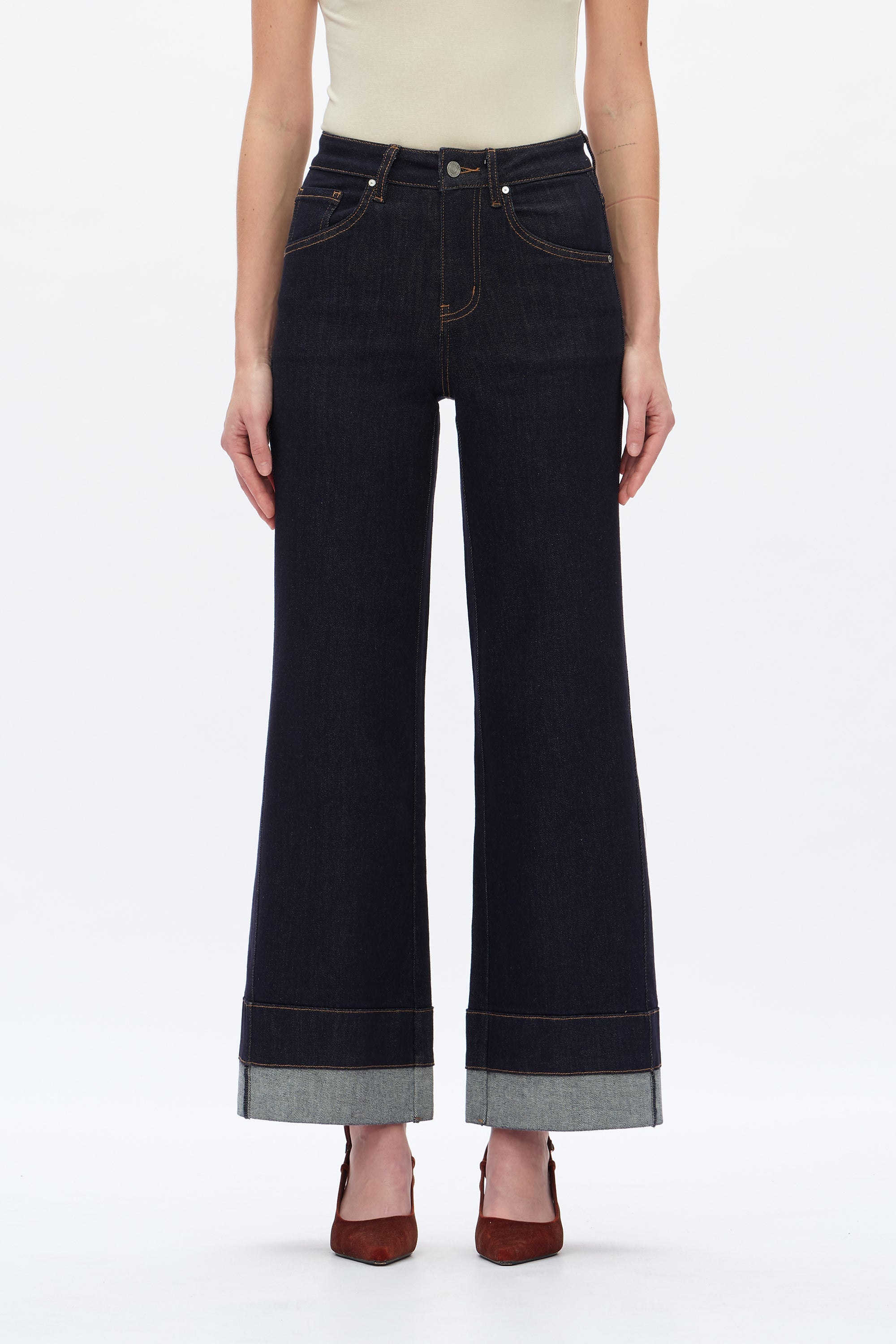 High Rise Wide Leg Rolled Denim Jeans