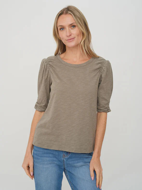 Noelle S/S Ruched Sleeve Shoulder Tee